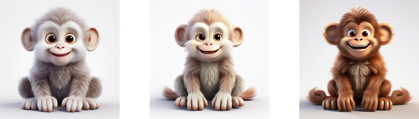 Fototapeta premium Three cartoon monkeys with different fur colors are sitting in a row, isolated on white background.