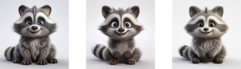 Fototapeta premium Three cartoon raccoons are sitting and smiling, isolated on white background.