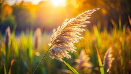 A single plume of grass backlit by a golden sunset, illuminated with warm hues and delicate light, creating an ethereal scene.