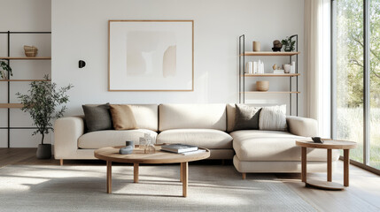 A modern living room featuring cozy beige sectional sofa adorned with decorative pillows, complemented by wooden coffee tables and stylish bookshelf. large windows allow natural light to fill space, c