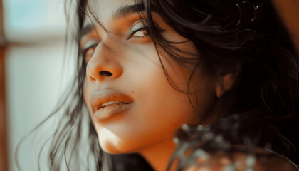 Fototapeta premium Soulful closeup images of a beautiful Indian woman with long black hair and warm brown eyes singing Generative AI
