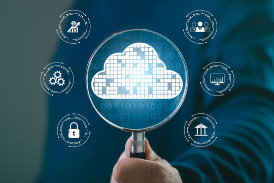 Conceptual image of cloud technology with data analysis symbols, showcasing the importance of data security and management.