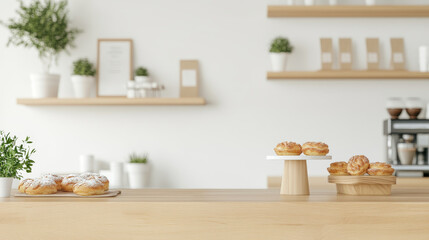 Freshly baked pastries are displayed on wooden counter in modern cafe, surrounded by greenery and minimalist decor, creating warm and inviting atmosphere