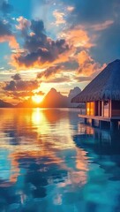 Stunning Sunset Over Turquoise Ocean with Thatched-Roof Bungalow and Mountains in Bora Bora, French Polynesia