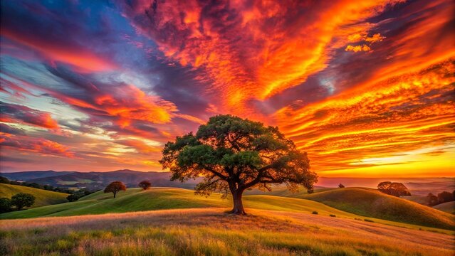 A solitary tree stands tall against a vibrant sunset sky, casting long shadows across the rolling green hills