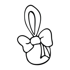 Black and white doodle illustration of a blue Christmas tree ball with a red bow on a white background.