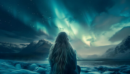 A mystical Icelandic woman with flowing blonde hair singing ancient Viking chants beside a glacier  Generative AI