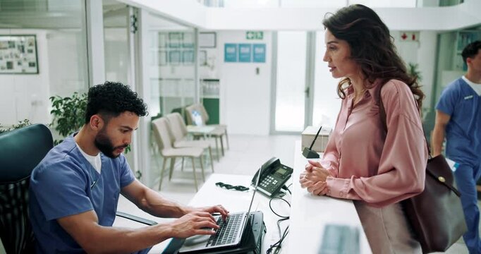 Hospital, nurse on computer and woman in lobby for appointment, doctor consultation and medical service. Healthcare, clinic and patient at administration desk for help, check in and collect medicine