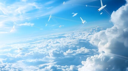 Fototapeta premium Airborne Wind Energy Farm with Drones and Kites Harnessing Upper Atmosphere s Strong Winds to Generate Clean Electricity