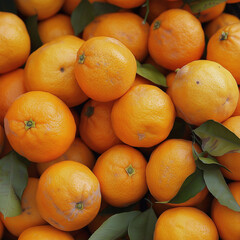 a pile of fresh oranges with leaves