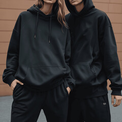 Hoodie clothing mockup with a young bearded man and blonde girl, ideal for fall streetwear and logo display