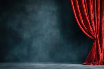 Open Red Curtain Against Dark Stage Background