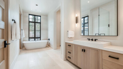Luxurious bathroom featuring freestanding bathtub, modern sink, and elegant wooden cabinetry. spacious design is complemented by natural light streaming through large windows, creating serene atmosphe