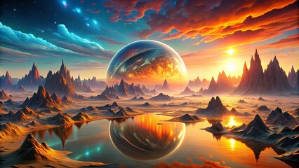 A celestial body suspended above a serene landscape, its reflection shimmering on the surface of a calm lake, as the setting sun casts a golden glow over the distant mountain peaks.