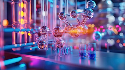Molecular Model with Glassware in a Neon-Lit Lab