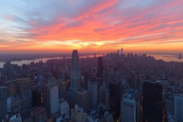 Obraz premium Aerial view of New York City skyline at sunset with dramatic pink and orange clouds.