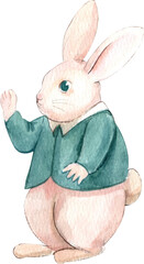 A male rabbit stands waving in a green long-sleeved shirt., hand-drawn watercolor painting illustration