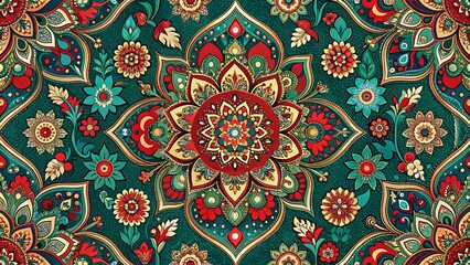A vibrant tapestry of intricate floral designs, with a central mandala surrounded by a symphony of colors and textures.