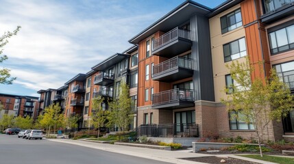 Obraz premium Modern apartment complex with balconies and landscaped surroundings.