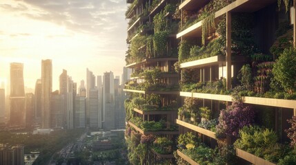 Futuristic Vertical Garden City Skyline at Sunset