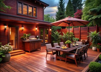 Fototapeta premium Rustic Rosewood Retreat offers stylish outdoor living with charming redwood accents and sophisticated dining, perfect for hosting gatherings in an inviting, elegant atmosphere.