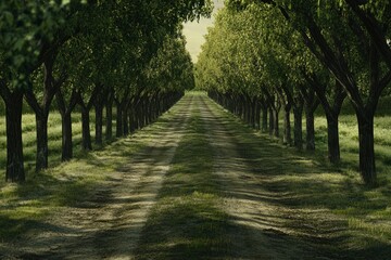 Fototapeta premium A long dirt road through a canopy of trees, sunlight dappling through the leaves.