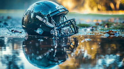 Puddle Reflection of a Football Helmet: Symbolic Shot
