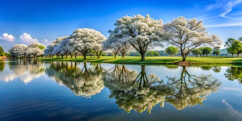 Fototapeta premium Scenic Panoramic View of Tranquil Lake with Tabebuia Alba Saplings Emphasizing Nature's Beauty and Serenity
