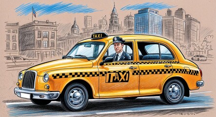 Hand drawing clipart of a taxi driver man in his car in a city setting