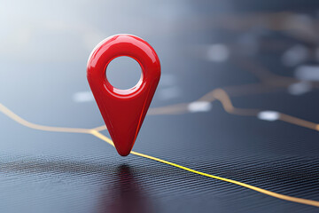 Red location pin on digital map background, symbolizing navigation and location services. sleek design conveys modern technology and connectivity