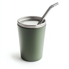 Stylish reusable cup with metal straw, green design on white isolate background.