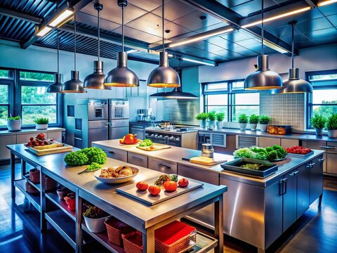 Culinary Arts Class in Low Light - Vocational Training Program, Cooking Techniques, Culinary Skills, Dark Environment, Hands-on Learning, Kitchen Equipment, Food Preparation, Professional Chefs,