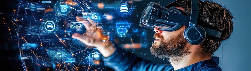 Man Using VR Headset to Interact with Holographic Interface.