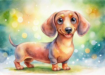 Cute Cartoon Dachshund in Watercolor Style for Children's Books and Cards - Adorable Hand-Drawn Illustration with Bokeh Effect for Kids' Illustrations