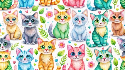 Fototapeta premium A delightful, colorful watercolor pattern featuring playful kittens in a variety of poses and hues, adorned with whimsical floral elements and scattered hearts, evoking joy and charm.