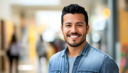 Obraz premium ESL teacher with a welcoming smile front pose facing the camera Latino man with a multicultural ba Generative AI