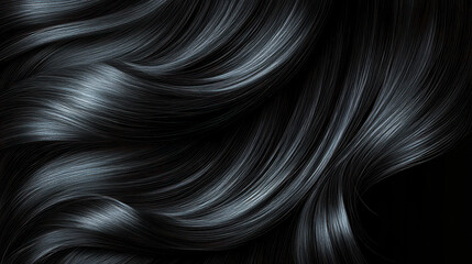 Sleek and shiny straight black hair flowing elegantly in waves, showcasing smooth texture and vibrant shine. Perfect for beauty and hair care themes