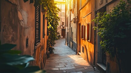 Fototapeta premium Sunlit Cobblestone Alleyway in a European City