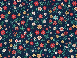 Cute Floral Ditsy Print Motifs on Dark Blue Background for Elegant Fashion Textiles - Minimalist Seamless Vector Pattern with Colorful Small Flowers