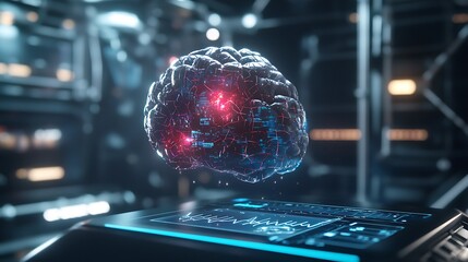 Fototapeta premium Description: A futuristic stock photo featuring a holographic interface displaying real time diagnostic information of a patients vital signs mapped through advanced AI technology