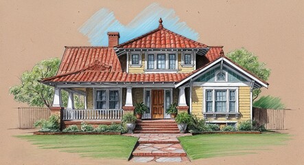 Fototapeta premium Bohemian bungalow house hand drawing