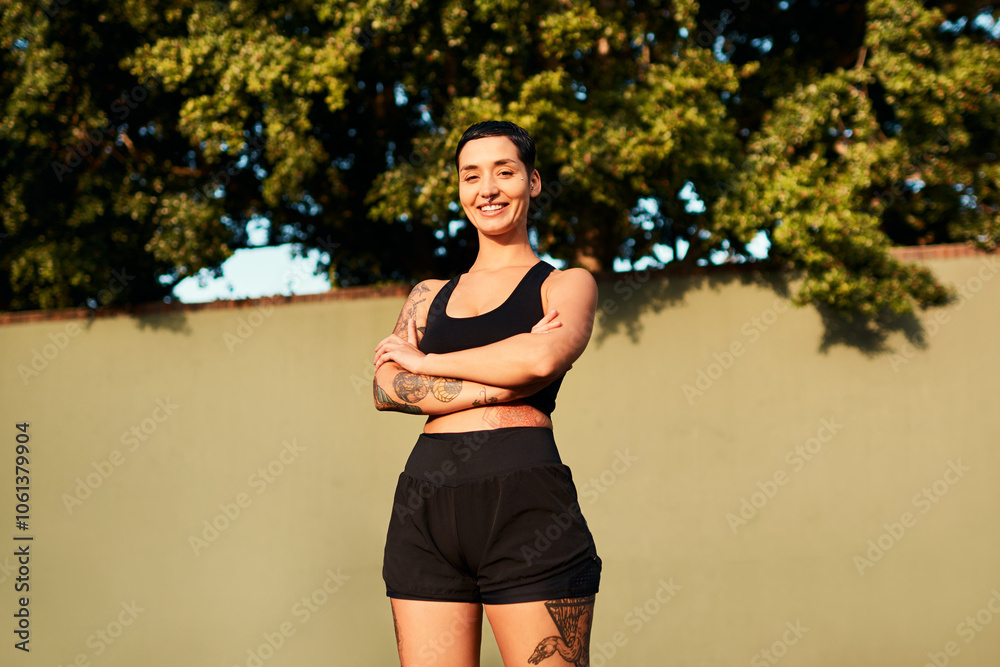 Wall mural Sports, portrait or happy woman with arms crossed at court for match, fitness exercise and basketball. Smile, girl athlete and proud player with confidence for competition, workout or outdoor game