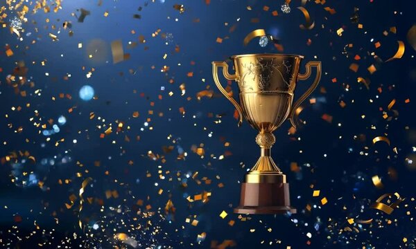 Champion golden trophy with gold stars on blue dark background. Generative AI