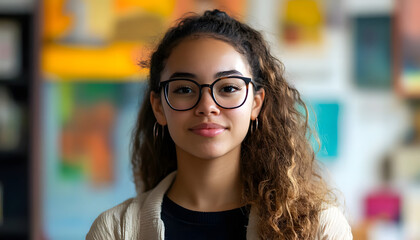Primary school art instructor front pose facing the camera young Latina woman with glasses ar7 4 Generative AI