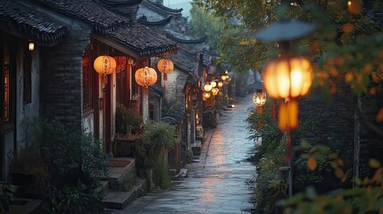 Obraz premium A dimly lit street in an ancient Chinese town with lanterns