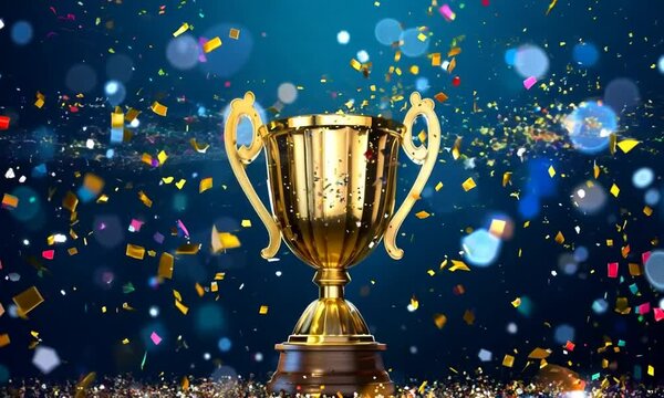 Champion golden trophy with gold stars on blue dark background. Generative AI