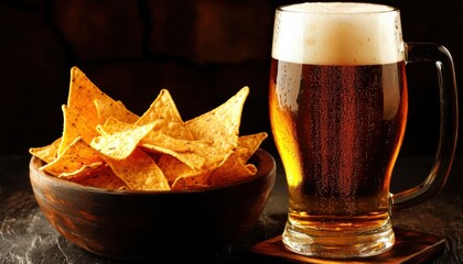 A bowl of crispy nachos alongside a frothy glass of beer, perfect for sharing during social gatherings or casual meals.