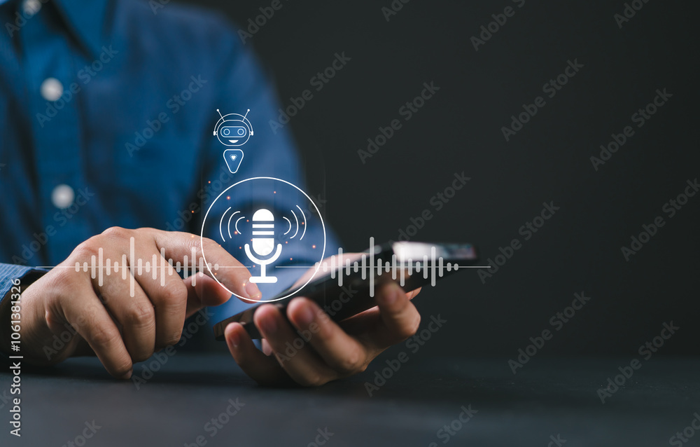 Fototapete Voice Recording and Use AI Enabled Internet Search for Easy Access to Information. Businessman using smartphone with voice icon on virtual screen for conversation with AI chatbot.