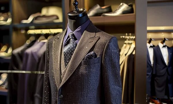 Mannequin suit in modern boutique, luxury men's clothing store sign. Generative AI
