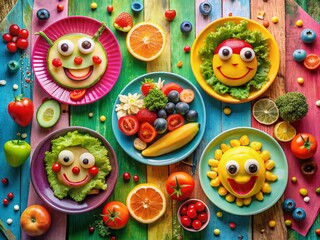 Delightful Food Photography Featuring Happy Comic Round Faces with Colorful Dishes, Whimsical Presentation, and Playful Settings for Fun and Engaging Culinary Images